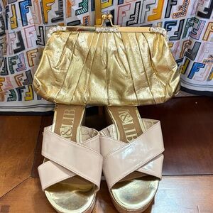 Sam & Libby Cream Wedges and gold clutch bundle